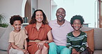 Home, laugh and happy African family love, bonding and smile together for children support, care and relax weekend. Sibling portrait, parents and young youth kids, mom and dad sitting on lounge sofa