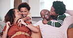 Home, hug and happy African family love, bonding and smile together for children support, care and relax weekend. Happiness, living room couch and young youth kids, mother and father embrace brothers