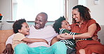 Hug, laugh and happy African family conversation, funny discussion and young children, mom and dad joke in home apartment. Comedy, parents and relax youth kids, mama and papa sitting on lounge couch