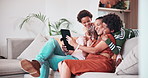 Happy black family, tablet and hug in relax on sofa for bonding, embrace or love together at home. African mother, father and children smile on technology for social media or entertainment at house