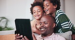 Black family, tablet for video call and a father with his kids on a sofa in the living room of their home. Smile, virtual chatting or app with a boy, brother and father in their apartment together