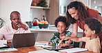 Happy black family, writing and homework in kitchen for learning, education or working together at home. Mother helping children with books, test or study while dad busy in living room at house