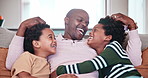 Hug, relax and laughing African family conversation, funny discussion and young children listening to dad joke humour at home. Comedy, lounge sofa and youth kids, brothers or siblings hugging father