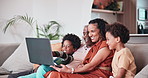 Home laptop, talking and happy African family reading info, social media post or parents streaming childhood video for children. Care, digital album and relax kids, mom and dad sitting on lounge sofa