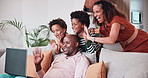 Black family, tablet for video call and parents with their kids on a sofa in the living room of their home. Smile, wave or greeting with a mother, father and boy children in their apartment together