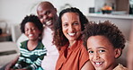 Home, face selfie and happy African family love, bonding and smile for memory photo of children, mom and dad. Portrait, photography and profile picture of young youth kids, mother and father together