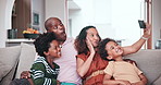 Home, face selfie and African family smile, bonding and pose for memory photo of children, mama and papa. Lounge couch, photography and profile picture of kids, mother and father post to social media