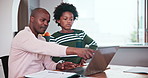 Child, family and father on laptop for online education, e learning support and registration or sign up information at home. African dad and kid reading on computer for teaching support or school FAQ