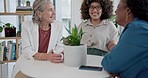 Business woman walking to enter office, discussion and meeting in startup. Creative professional, coworking or team of happy designers with document at table with coffee on break at lunch together