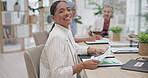Woman, face and paperwork at meeting or team manager, productive research or brainstorming idea. Female person, portrait and happy employee or colleagues at table for planning, discussion or document