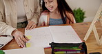 Mother, child and book for maths homework, education or learning together in bonding on desk at home. Parent, happy young daughter and abacus with notebook for study, writing or mathematics at house