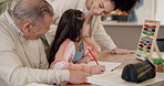 Grandfather, mother and girl with homework, helping and writing for learning and education at dining table. Family, senior man and woman with girl child for homeschooling, preschool and love at home