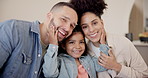 Portrait, family and smile at home, love and vacation with hug, support and parenthood. Mexican people, happiness and relaxing on holiday, parents and daughter or face, peace and chilling together