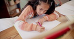 Girl, writing and abacus for mathematics in book, education or learning with homework at house. Face of little kid, female person or child on notebook above for numbers, development or maths at home