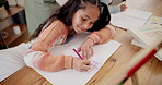 Girl, writing and abacus with teacher for mathematics in book, education or learning with homework at house. Face of little kid, female person or child on notebook for numbers, development or maths