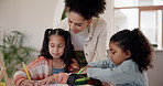 Mother, girls and writing homework with helping, checking and talking for education at dining table. Family, woman and girl children with homeschooling, development and studying at home with care