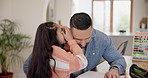 Father, daughter and whisper for secret with laughing, happiness and bonding in dining room table of home. Family, man and girl child with gossip and conversation in living room for homework or love