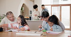 Grandparents, grandchildren and writing homework with helping, talking and learning for education at dining table. Family, senior man and woman with girls for homeschooling, communication and care