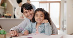 Grandmother, grandchild and homework and smile, helping and learning support at dining table of home. Family, girl child and senior woman with happiness, portrait and writing in living room of house