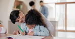 Grandmother, grandchild and writing homework with helping, talking and learning for education at dining table. Family, senior woman and girl child with homeschooling, communication and care at home