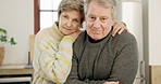 Senior, couple and face in kitchen happy smile for home connection, retirement love and hug embrace. Old woman, elderly man and portrait for relax pensioner life or marriage, gratitude or bonding