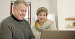 Happy senior couple, video call and laptop in home for voip communication, social network or chat. Man, woman and wave hello on computer for virtual conversation, online contact or talk in retirement