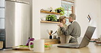 Love, dance and senior couple in the kitchen of their home together for romance or bonding during retirement. Smile, holding hands or moving to music with an elderly man and woman in their apartment