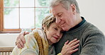 Senior couple, happy and hug with affection, marriage and embrace for love, home and retired. Retirement, elderly and smile for commitment, bonding together and care for relationship, man and woman
