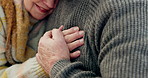 Closeup, holding hands and old couple with love, support and comfort with happiness, romantic and marriage. Romance, elderly man or senior woman with help, sympathy or empathy with retirement or home