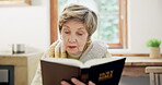 Senior, woman and bible for prayer, faith and worship Jesus Christ, holy spirit or God at home. Christian lady, gospel and reading books for knowledge, praise spiritual religion or hope in retirement