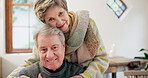 Senior couple, face and hug in home with smile, love and bonding in retirement with care, relax and trust. Elderly woman, old man and happy for embrace in portrait, apartment or house with kindness