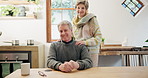 Love, home and face of senior couple for bonding, marriage and loving relationship. Retirement, relax and portrait of happy elderly man and woman embrace in living room for care, support and trust