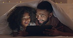 Father, girl and tablet in bedroom, night and blanket for talking, thinking and choice for movie in family home. Dad, child and digital touchscreen on bed with cartoon, conversation and watch video
