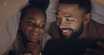 Dad, girl and tablet in bedroom, night and blanket for talking, thinking and choice for movie in family home. Father, child and digital touchscreen on bed with cartoon, happy and smile to watch video