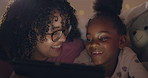 Woman, child or happy in typing, tablet or digital games on bed, love or care in bonding. Girl, mom or touchscreen to watch online cartoons, technology or stream video in conversation in bedroom 