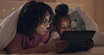 Mother, girl and tablet in bed, night and blanket for talking, thinking and choice for movie in family home. Mom, child and digital touchscreen on bedroom with cartoon, happy and smile to watch video