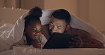 Father, girl and tablet in bed, night and blanket for talking, thinking and choice for movie in family home. Dad, child and digital touchscreen on bedroom with cartoon, happy and smile to watch video