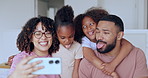 African parents, kids and selfie in family home with funny face, tongue out and cross eyes for web blog. Father, mother and daughter with photography for memory, profile picture and social media app