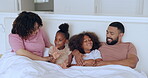 Parents, children and learning in bed in communication, laughing and calm in morning for love together. Mom, dad or kids in brazil in conversation, care bedroom for happy family to connect in support