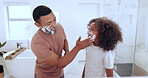 Man, child or learning of shaving face with foam, skin grooming in love or care in bathroom. Boy, dad or teaching together for clean facial by hair removal, communication or hygiene in family house