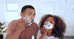 Shaving cream, skincare and father with boy child in a bathroom for fun, learning or bond at home. Family, portrait and kid with parent for hair removal, foam or face application, teaching or play