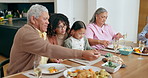 Parent, kid and together for family dinner in home with  healthy, delicious and food on table for care in nutrition. Senior man, young woman and little girl with talk over meal, vegetable and bread