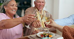 Family, hands and toast glass with champagne, celebration or happy senior parents at table for thanksgiving. Men, woman and sparkling wine for salute, cheers and smile together with gratitude in home