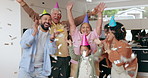 Girl, birthday and family with confetti, camera and selfie for memory, cheers together and hat with smile. Children, parents and grandparents with photography at celebration, event or glitter in home