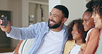Happy family, mother or dad in a selfie with kids on sofa to relax on social media together for memory. Love, smile or father taking a fun picture or photograph with mom or children siblings in home