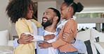 Hug, children or father in home with smile, love or pride to relax for bonding together in happy family. Siblings, joy or biracial kids on sofa or couch laughing with dad for support, unity or care