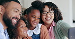 Home, selfie and parents with girls, smile and relax with happiness, profile picture and bonding together. Family, mother or father with children, photography and kids with social media or connection