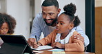 Writing, girl or father with tablet for elearning, info or studying for support, help or remote education. Child development, teaching or dad working with kid in virtual or online class for homework