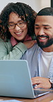 Woman hug man, laptop and remote work from home with care, bonding and reading with freelance business. Happy couple, love and embrace with smile for entrepreneur with computer at desk in house