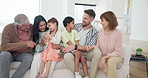 Big family, kids and talking on sofa or happy connection, 
reunion communication or children smile. Grandparents, multicultural or diversity talking on couch or holiday event, support or discussion